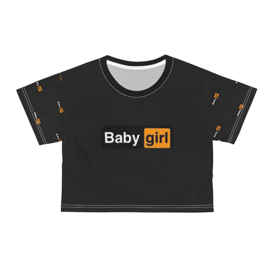 Baby Girl Crop Tee — Black All-Over Print Cute Logo Top