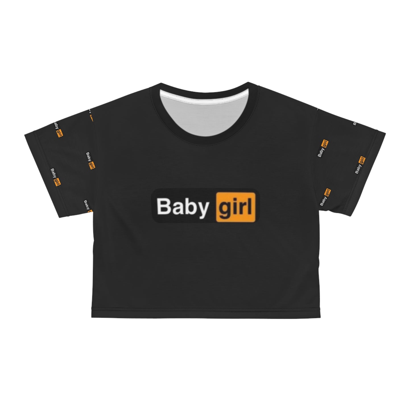 Baby Girl Crop Tee — Black All-Over Print Cute Logo Top