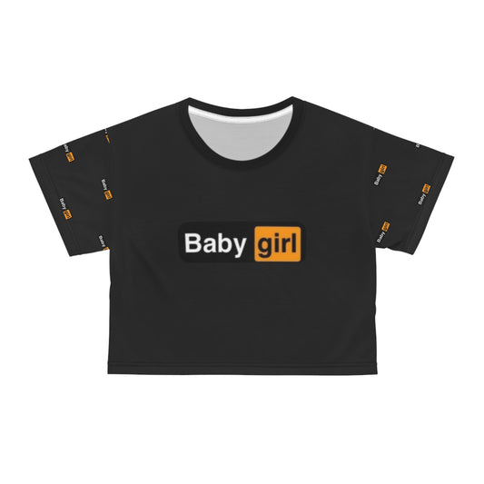 Baby Girl Crop Tee — Black All-Over Print Cute Logo Top