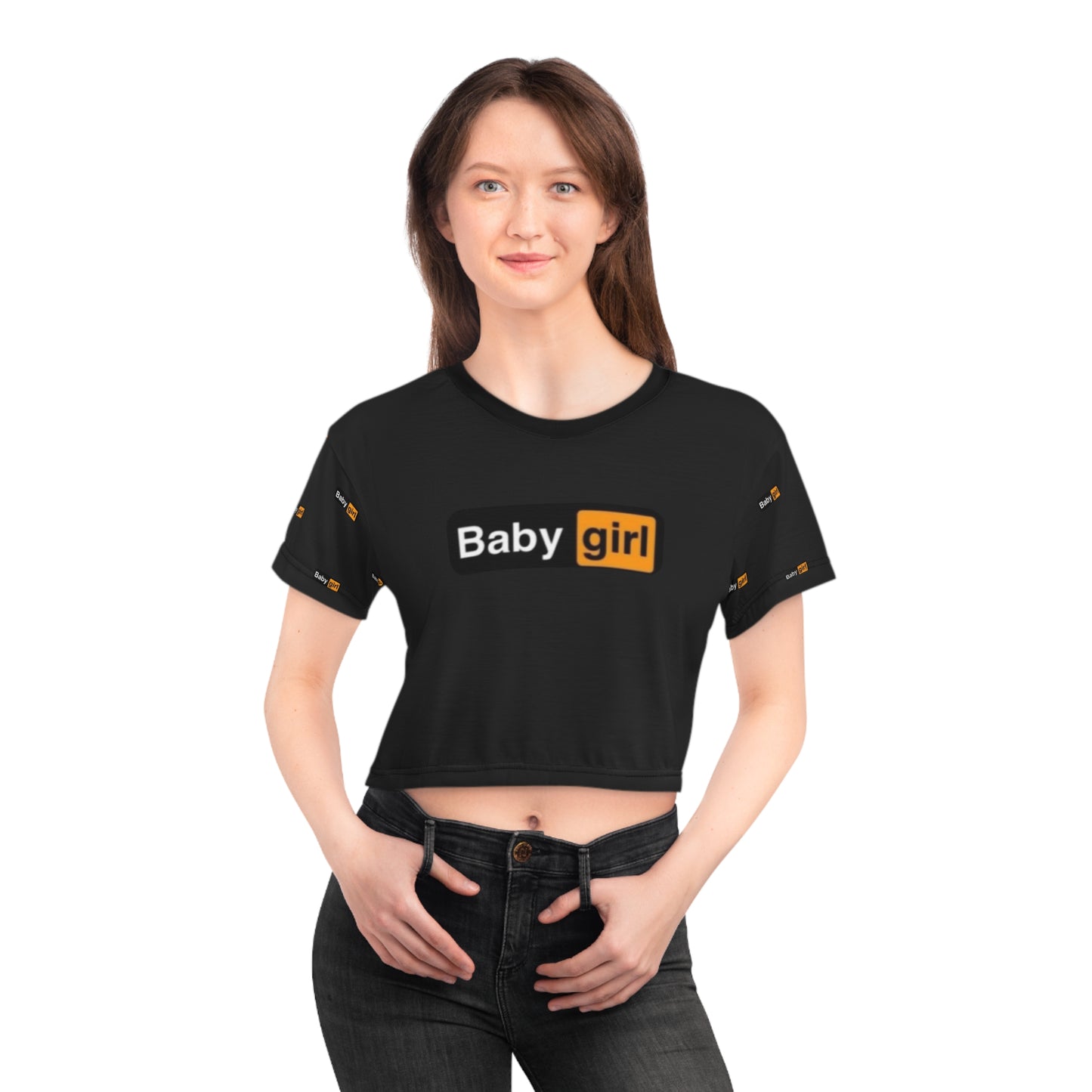 Baby Girl Crop Tee — Black All-Over Print Cute Logo Top